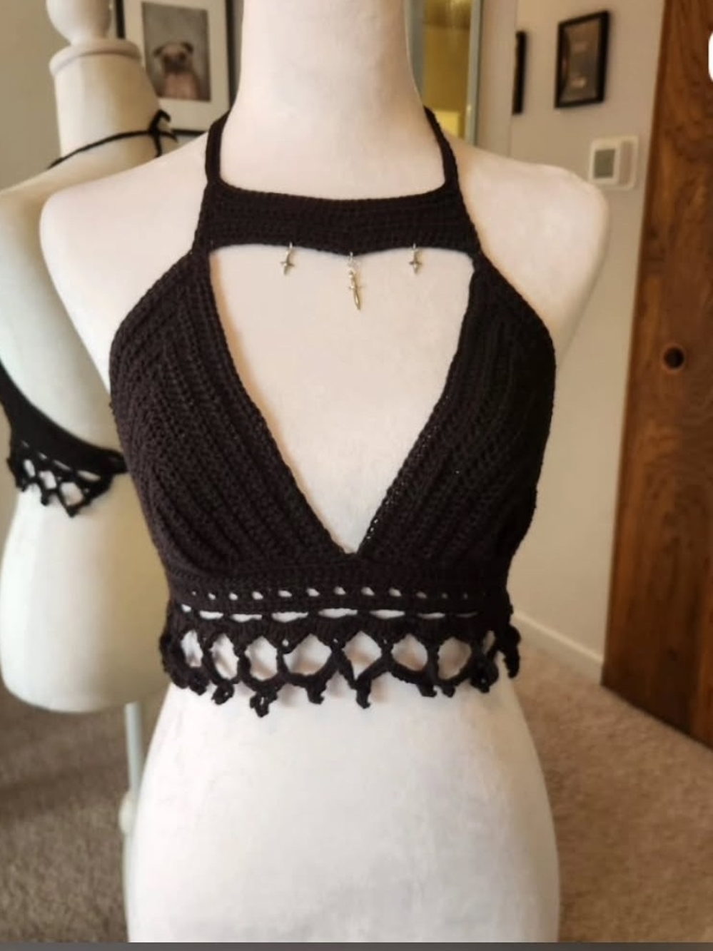Black Crochet Halter Crop Top With Pendants